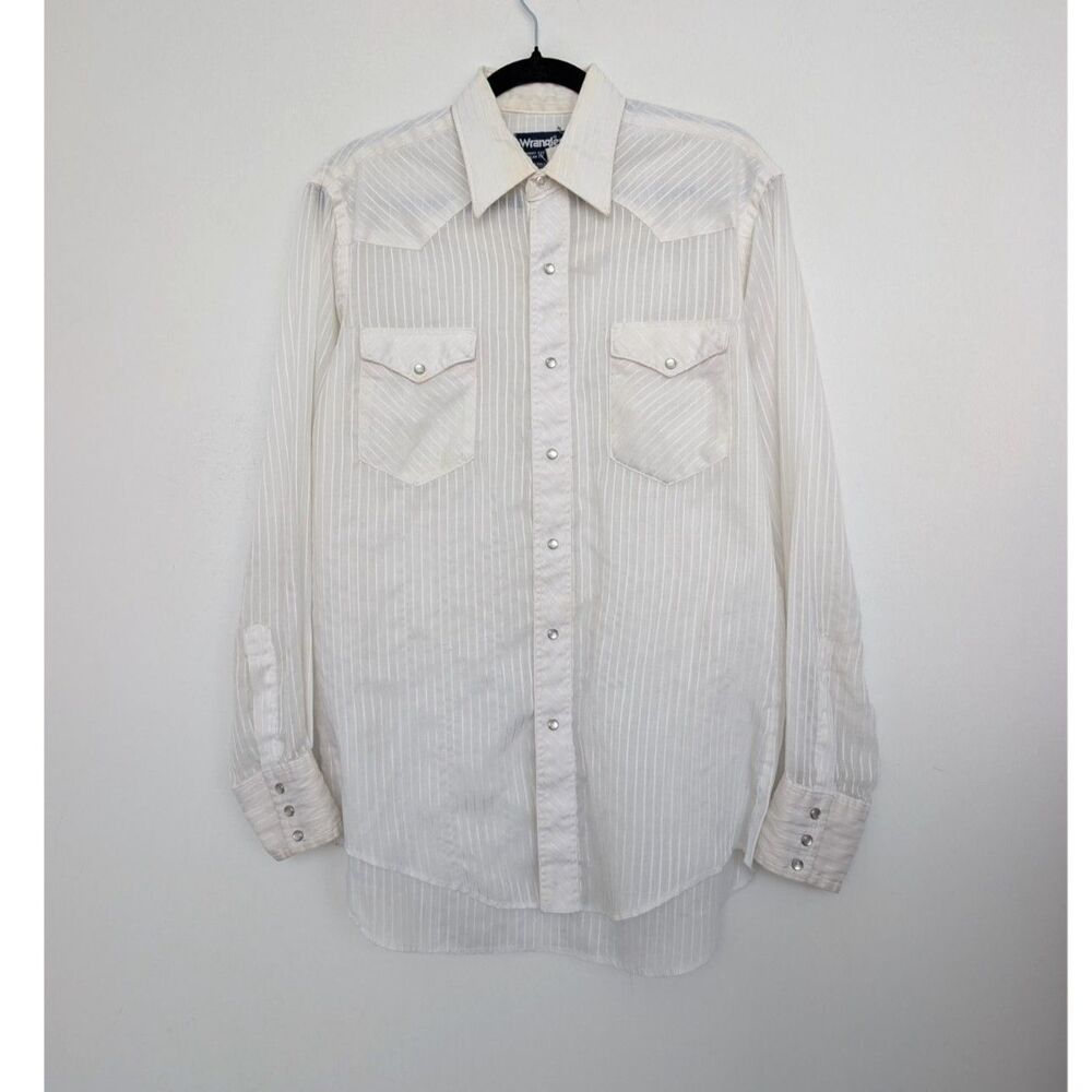 Vtg Cowboy Cut Wrangler 2 Pearl Snap Pocket Striped Button Up Shirt 15 1/2-34